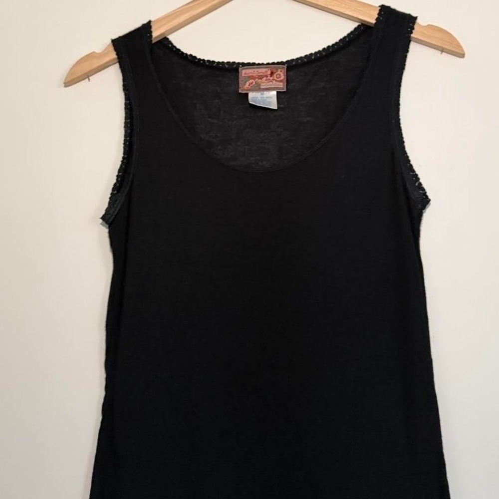 Vintage Black Sheer Lace Trim Tank Top | Wool Modal | Boho Minimal | Size M
